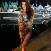 Lunivop Hot Sexy Bandage Lace Up Mini Dresses Print Deep V Club Party Long Sleeve Tie Ruffle